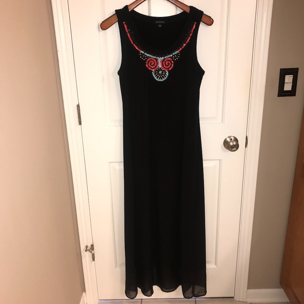 Like New! Black/Coral Sky Blue Sequin Chiffon Floor Length Dress